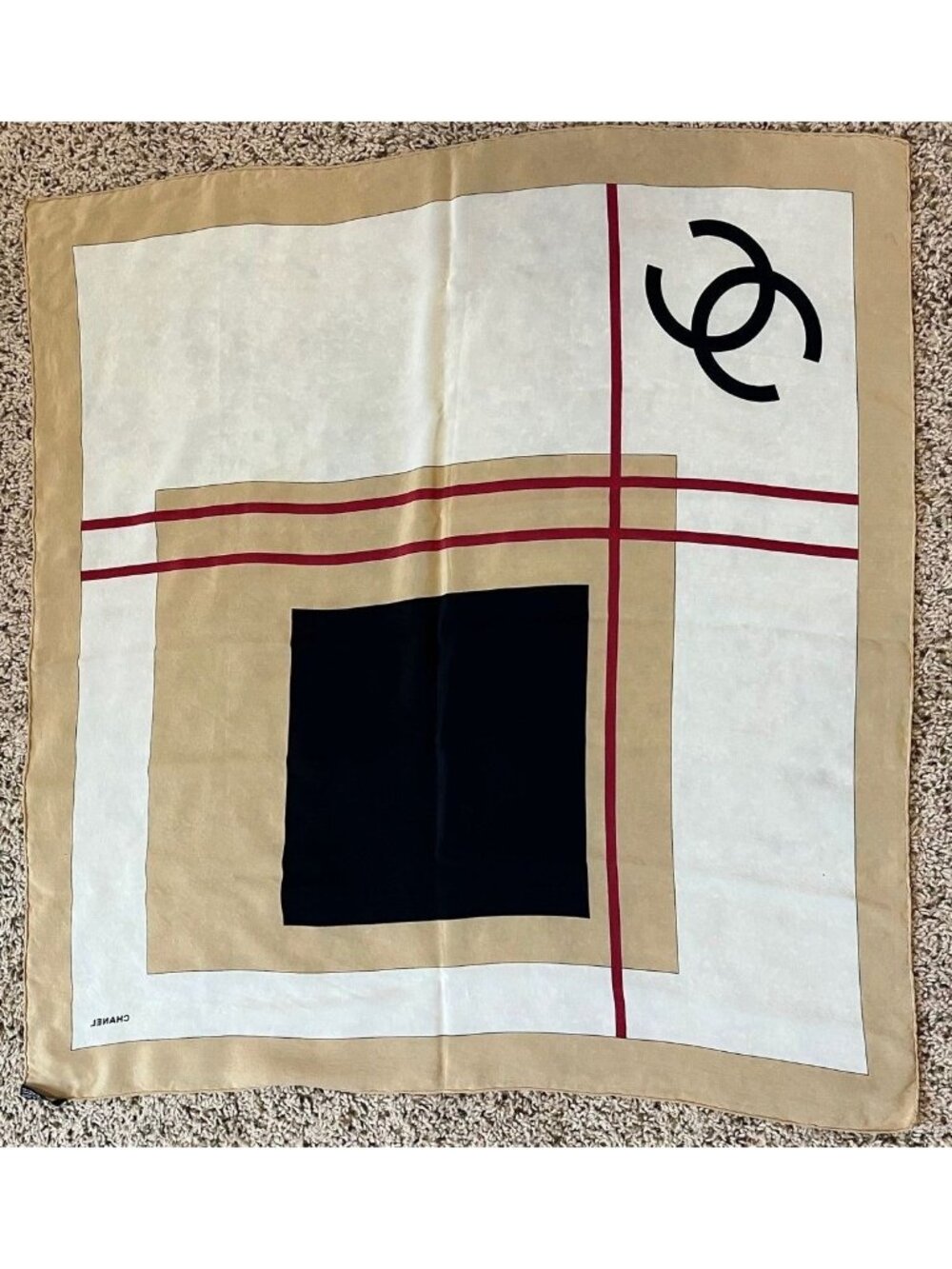 Chanel Beige Black Red Silk Logo Modern Design Scarf